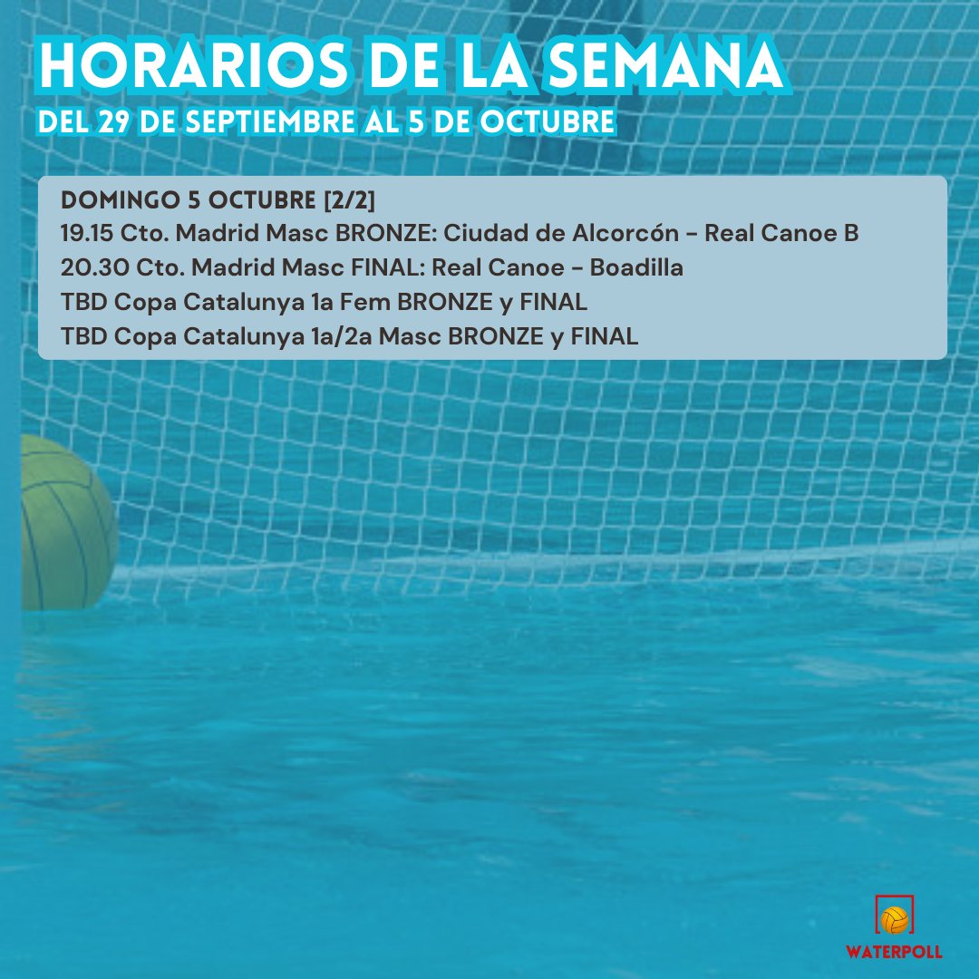 𝐇𝐎𝐑𝐀𝐑𝐈𝐎𝐒 𝐃𝐄 𝐋𝐀 𝐒𝐄𝐌𝐀𝐍𝐀
¡Ya tenéis disponibles los horarios de la semana de Waterpoll!

No tenemos mucha actividad entre semana, ¡pero madre mía, la que se nos viene este fin de semana!

#waterpolo