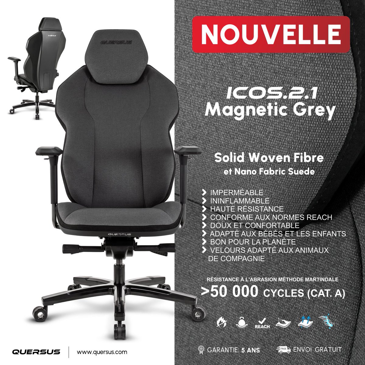 QuersusFR's tweet image. 🎉 Découvrez le nouveau QUERSUS ICOS.2.1 Magnetic Grey !

Conçu avec le tissu SWF résistant au feu et à l’eau, il offre un confort durable.
Avec son soutien lombaire 4D et son assise extensible, il s’adapte parfaitement à votre posture.
📷 À voir ici : q.uers.us/MagneticGreyFR…