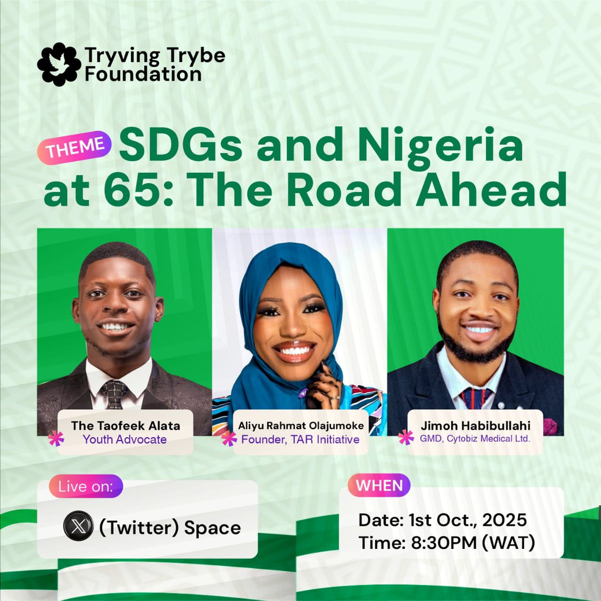 🇳🇬 YOUR VOICE MATTERS THIS INDEPENDENCE DAY!🫵

Celebrate Nigeria <a href="/65/">65</a> with us!🎉

👉 Set a reminder via: x.com/i/spaces/1gqGv…

Tryving Trybe Foundation unites change-makers driving real impact, sharing insights on how WE can build the Nigeria of our dreams 🇳🇬