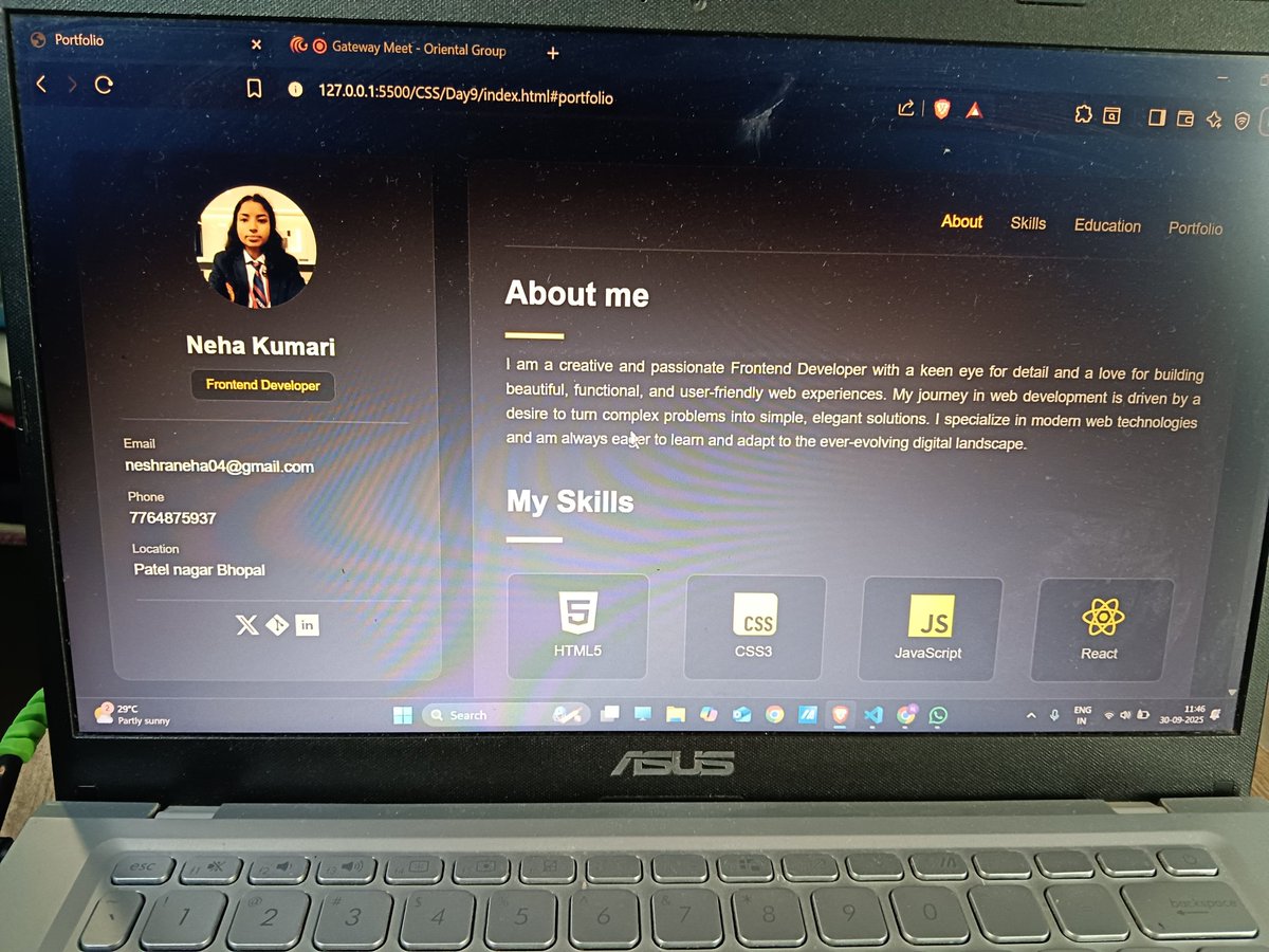 neshraneha04's tweet image. Day 15 ✅ 
 #Defence with @rohit_negi9 &amp;amp; @adityatandon02
Built my Personal Portfolio Website HTML+CSS
2 column layout with CSS Grid+sticky sidebar
Responsive design using media queries.
Skills timeline &amp;amp; hover project cards.
#CSS #DefenceChallenge #WebDevelopment #MERN #Frontend