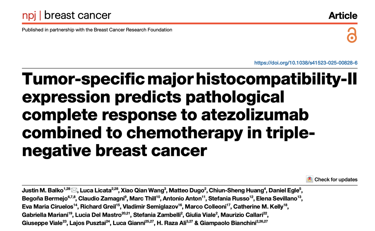 LLicata88's tweet photo. 📣Another step forward for #precision_immunotherapy in breast cancer!
 
🚀Just out in @Nature_NPJ Breast Cancer our exploratory analysis of the NeoTRIP trial showing the role of tumor-specific MHC-II as a predictor of immunotherapy benefit in #TNBC. 

📌https://t.co/UVIAAifv8t https://t.co/QCG5UTcDuv