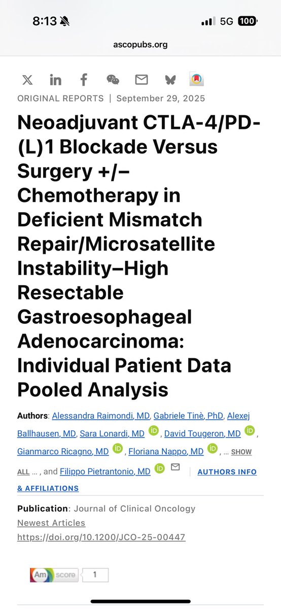 🧬 dMMR/MSI-H resectable GEA (IPD pooled, n=197)
🧪 Neoadjuvant ICIs vs FLOT: pCR 61.9% vs 3.7% | MPR 78.6% vs 10% | ↓ypN+ 14.3% vs 37% | ↓ypT4
📈 EFS/OS ≈ surgery±chemo
🎯 ICIs preop = higher pathologic response, rationale for organ-sparing
🔗 doi.org/10.1200/JCO-25…