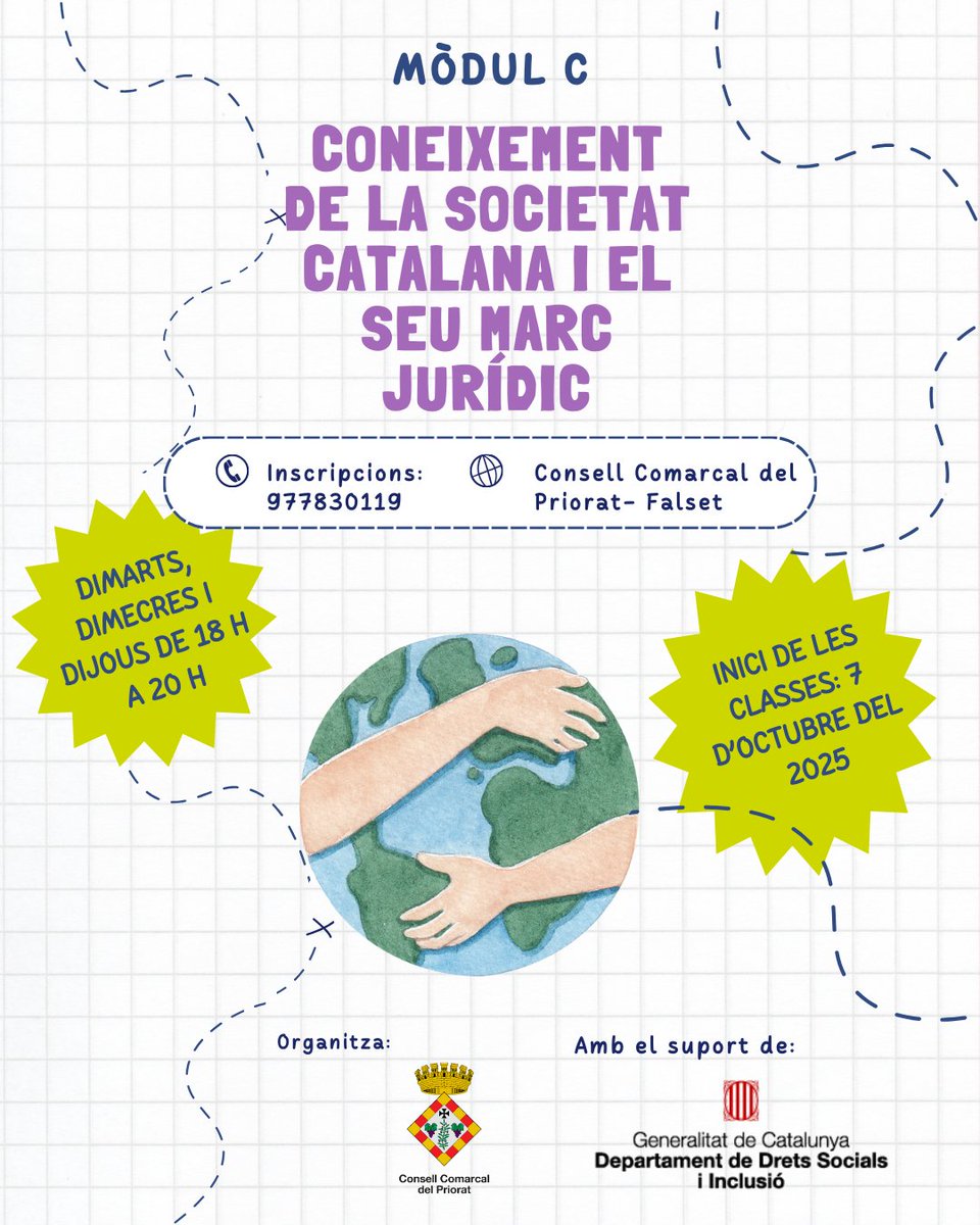 Consell Comarcal del Priorat (@ccpriorat) on Twitter photo El @ccpriorat ofereix els cursos sobre Coneixement de la societat catalana i el seu marc jurídic i Contingut laboral i un sobre Alfabetització i habilitats socials per a persones nouvingudes.
Més info a 👉 priorat.cat/actualitat/el-… El @ccpriorat ofereix els cursos sobre Coneixement de la societat catalana i el seu marc jurídic i Contingut laboral i un sobre Alfabetització i habilitats socials per a persones nouvingudes.
Més info a 👉 priorat.cat/actualitat/el-…