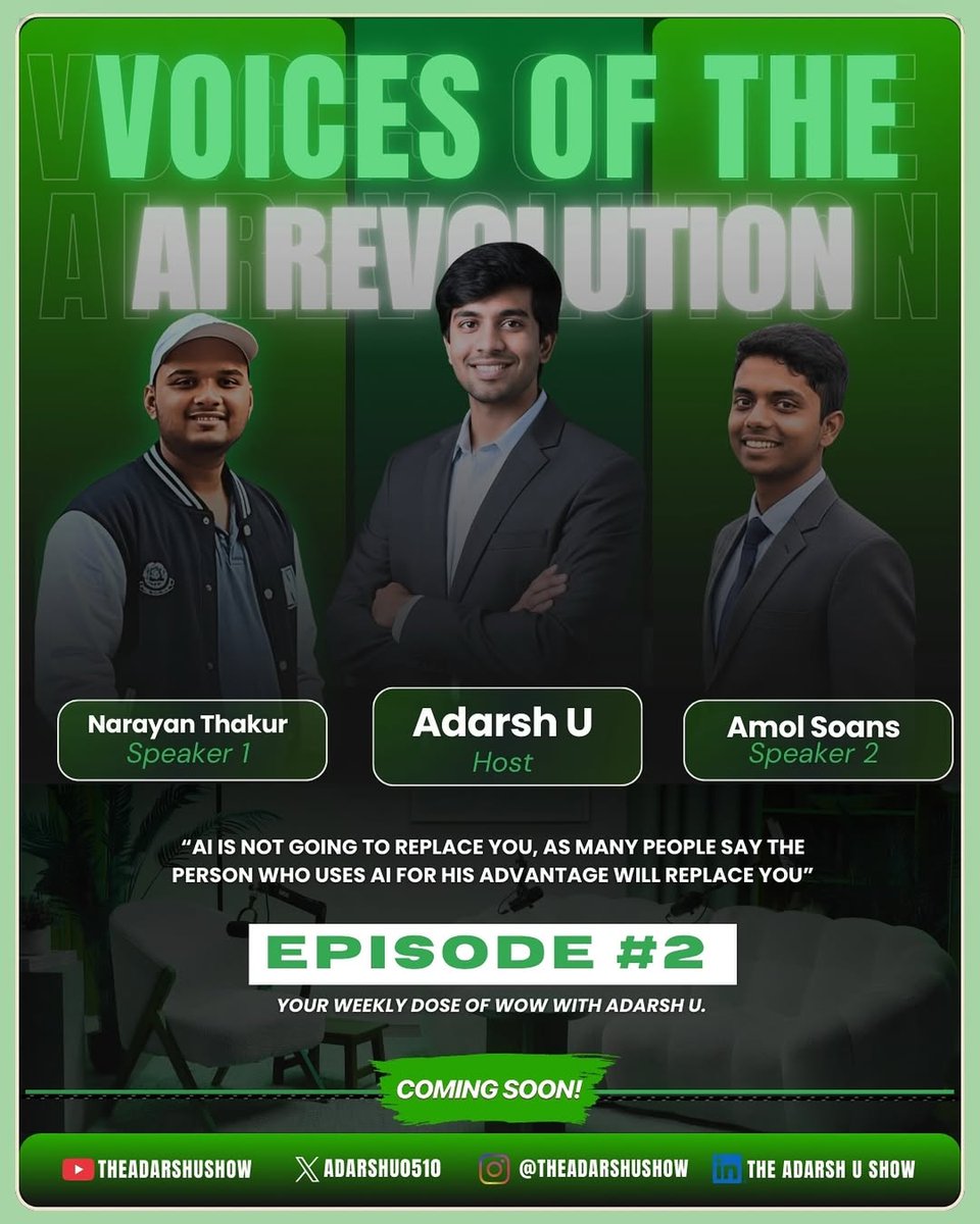 🚀 Episode 2 of The Adarsh U Show is coming! 🎙️

This time, I sit down with the founders of Monade.ai - <a href="/AmolSoans/">AmolSoans</a>  &amp; <a href="/thakurnarayan49/">Narayan Thakur</a> 
💡From vision to execution, they’re building the future of Voice AI
Expect real stories, actionable takeaways &amp; some surprises👀