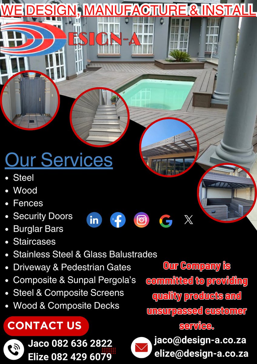 DesignAPretoria's tweet image. We Design, Manufacture and Install - Steel, Stainless Steel &amp;amp; Glass Balustrades, Driveway Gates, Fences, Security Doors, Burglar Bars, Decks and much more...