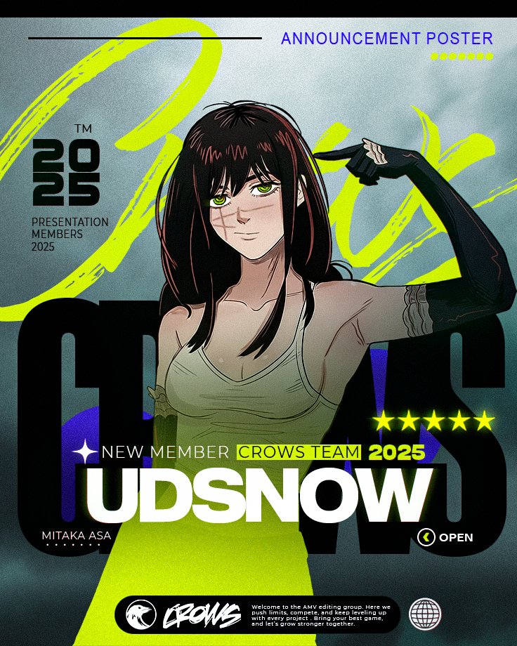 NEW MEMBER 2025: <a href="/UDSNOW_AMV/">UDSNOW</a> 
youtube.com/@UdSnow

"I hoped to join this team, meet more editors &amp; communicate with them to improve my editing skills. I am delighted to be a member of Crows &amp; I will work hard to edit more works!"

We look forward to what you create!! 🥰