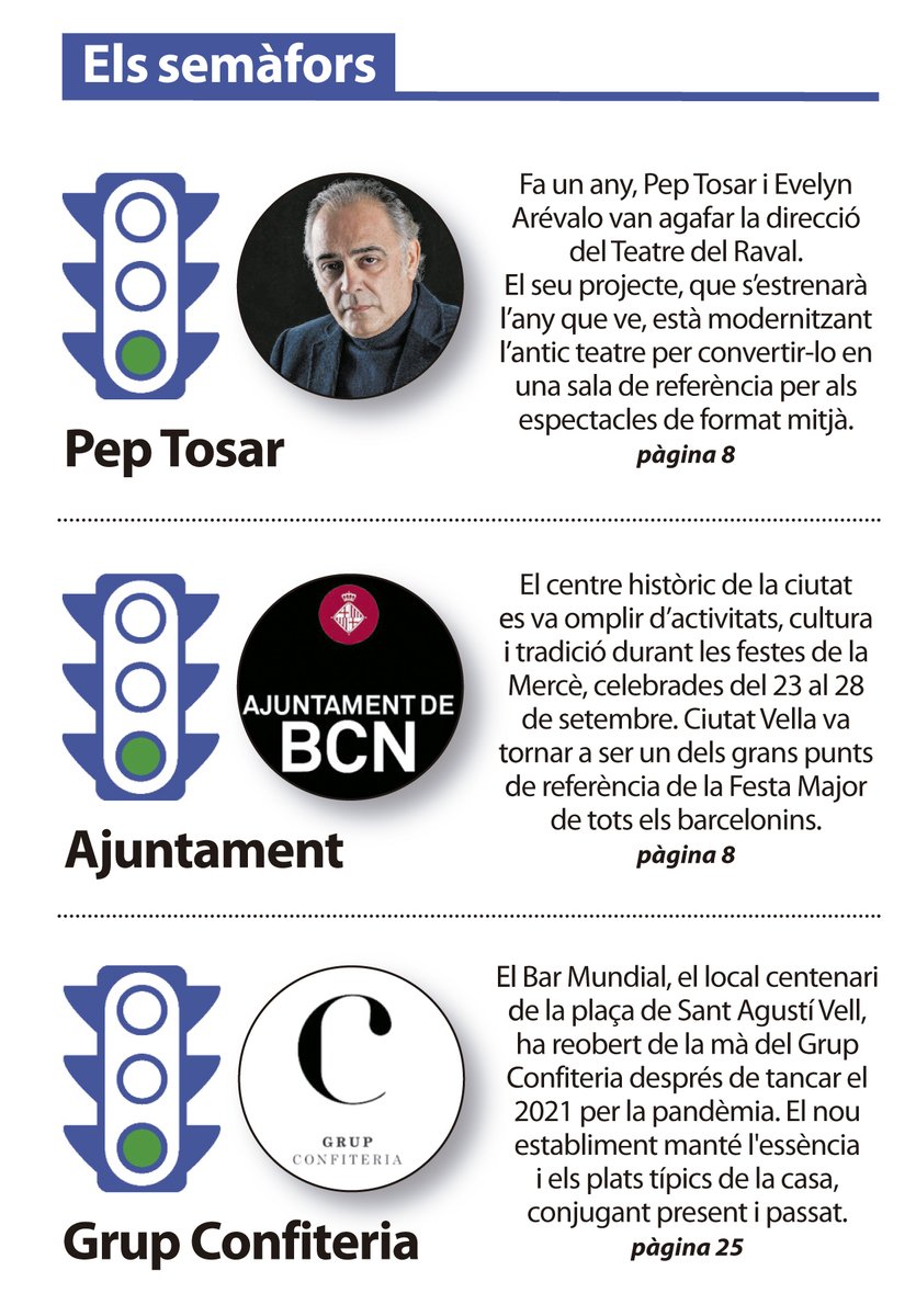 liniacv's tweet image. 🚦 Triplet de verds als semàfors del #LíniaCiutatVella

🟢 Per a Per Tosar, director junt amb Evelyn Arévalo del Teatre del Raval
🟢 Per a l'Ajuntament de Barcelona i les celebracions de la Festa de la Mercè al districte
🟢 Per al Grup Confiteria, que ha reobert el Bar Mundial