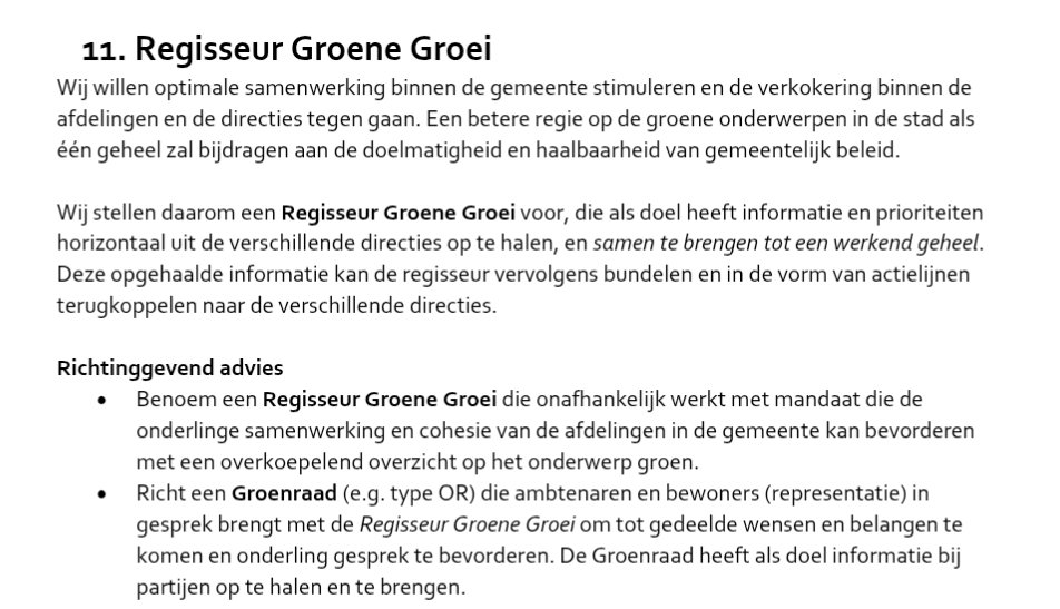 Het burgerberaad van 850.000 euro heeft meerdere adviezen opgeleverd. De vraag is of ze uitvoerbaar zijn (ondertunneling A10). 

Ander advies is om extra ambtenaren aan te stellen en nog meer te vergaderen over planten van bomen.

Nog meer veel meer uitstel dus.