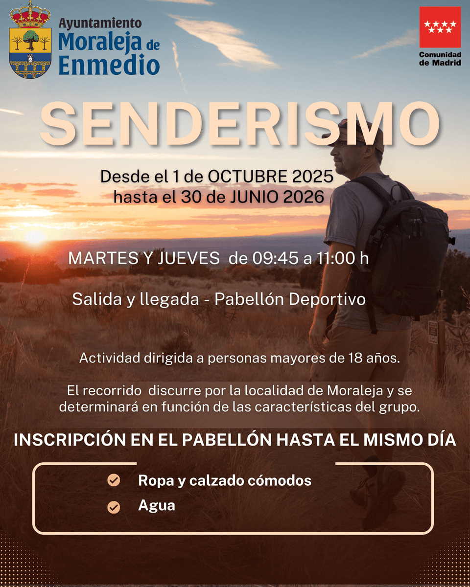🥾 ¡𝗔𝗥𝗥𝗔𝗡𝗖𝗔 𝗟𝗔 𝗧𝗘𝗠𝗣𝗢𝗥𝗔𝗗𝗔 𝗗𝗘 𝗦𝗘𝗡𝗗𝗘𝗥𝗜𝗦𝗠𝗢! 🌄
📅 𝐉𝐔𝐄𝐕𝐄𝐒 𝟐 𝐝𝐞 𝐎𝐂𝐓𝐔𝐁𝐑𝐄 - ¡𝐏𝐑𝐈𝐌𝐄𝐑𝐀 𝐒𝐀𝐋𝐈𝐃𝐀!
📆 Martes y jueves de 09:45 a 11:00 h.
📍 Salida desde el Pabellón Deportivo.
🎯 Para mayores de 18 años.