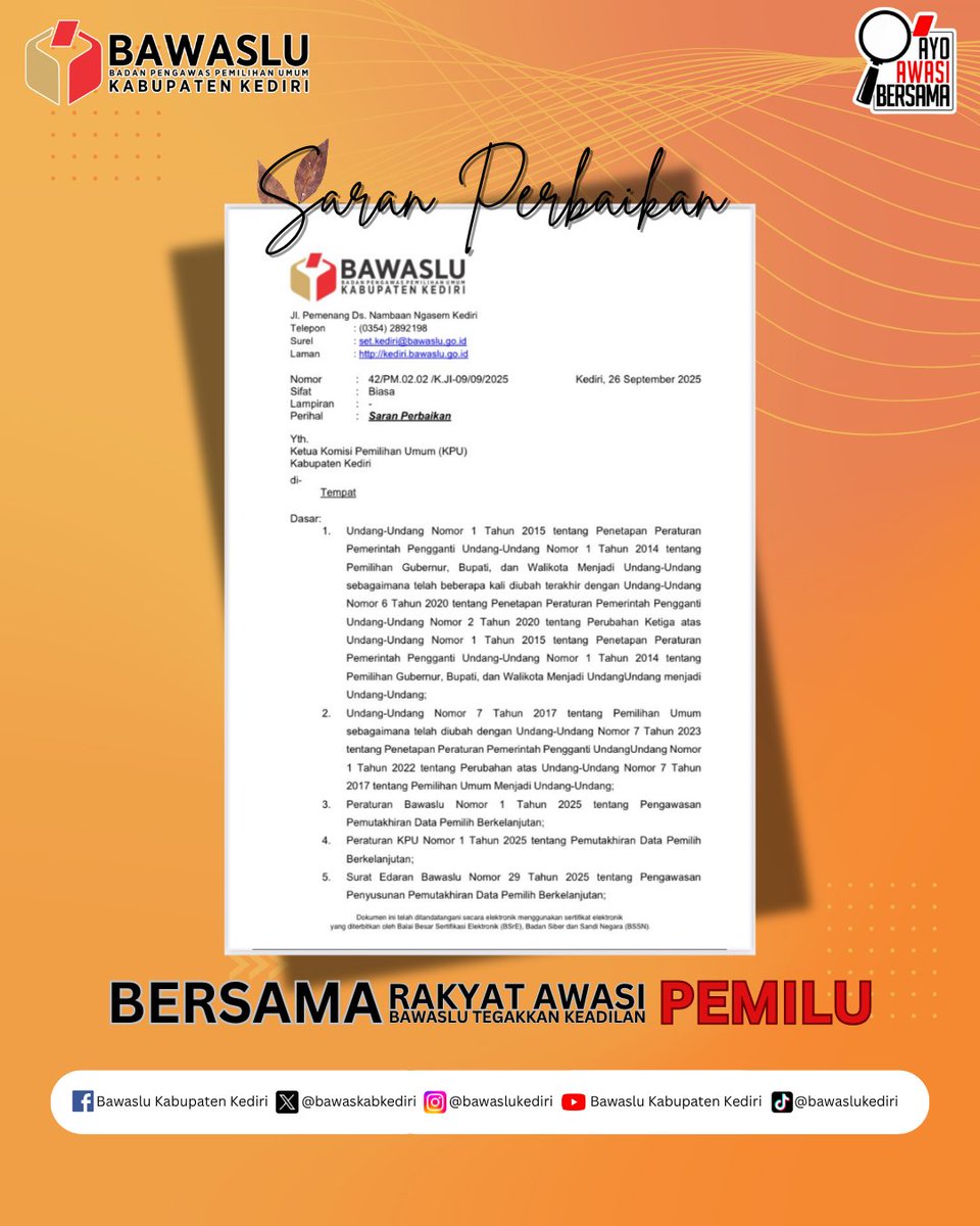 bawaskabkediri's tweet image. Bawaslu Kediri Beri Saran Perbaikan Data Pemilih Berkelanjutan Triwulan II Tahun 2025

kediri.bawaslu.go.id/berita/bawaslu…

#saranperbaikan 
#pengawasanpdpb 
#pemutakhirandata 
#bawaslukediri 
#ayoawasibersama