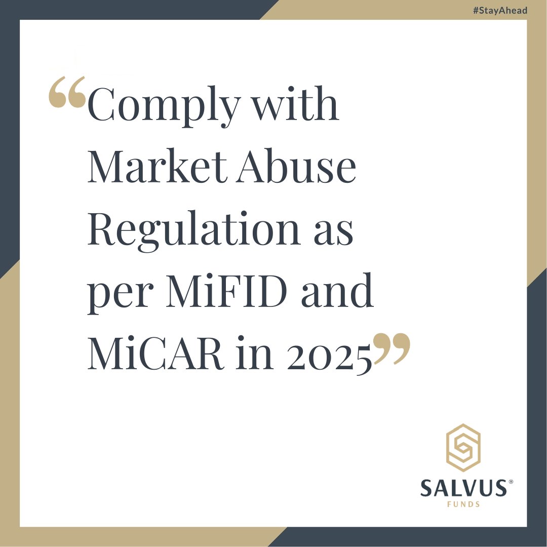 SALVUSFunds's tweet image. Comply with Market Abuse Regulation as per MiFID and MiCAR in 2025
Highlights:
- MiFID II obligations
- Market manipulation examples
- MiCAR & crypto-assets
- CySEC supervision and enforcement
#StayAhead #MiFIDII #MiCAR #MAR