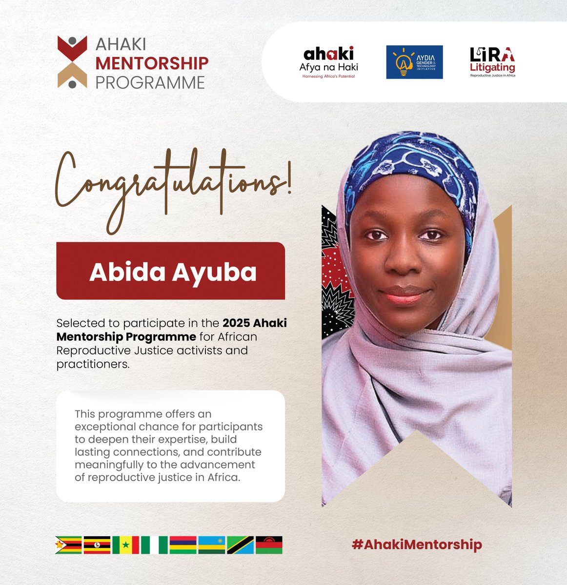 afyanahakiug's tweet photo. Congratulations to Abida Ayuba on being selected for the 2025 #AhakiMentorship Programme🥳.

Each focus area of the programme intentionally addresses urgent gaps created by restrictive policies such as the Global Gag Rule, equipping a new generation of reproductive justice actors with the knowledge, tools, and strategic capabilities needed to dismantle barriers and advance equitable access to reproductive healthcare and rights across Africa.

As she prepares to begin this journey, the programme looks forward to supporting her growth and amplifying her leadership in advancing reproductive justice across Africa.