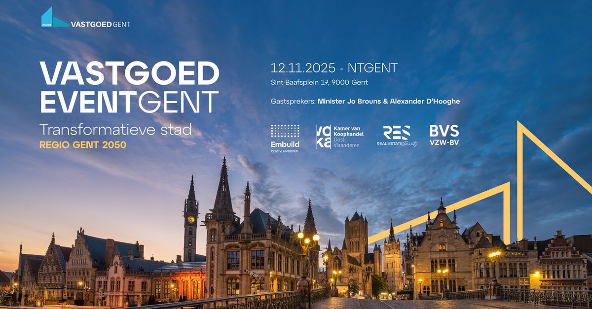 Hoe zorgen we dat Gent in 2050 leefbaar, inclusief én ambitieus blijft? Daarover gaat het Vastgoedevent Gent.
📅 12 november 2025 – NTGent
Ontdek meer: vastgoedeventgent.be  
Een samenwerking van <a href="/UPSI_BVS/">UPSI-BVS</a>, <a href="/RESvzw/">Real Estate Society</a>, <a href="/VOKA_OVL/">Voka Oost-Vlaanderen</a> en <a href="/embuildovl/">Embuild Oost-Vlaanderen</a>

#Gent2050 #Netwerken #Vastgoedevent