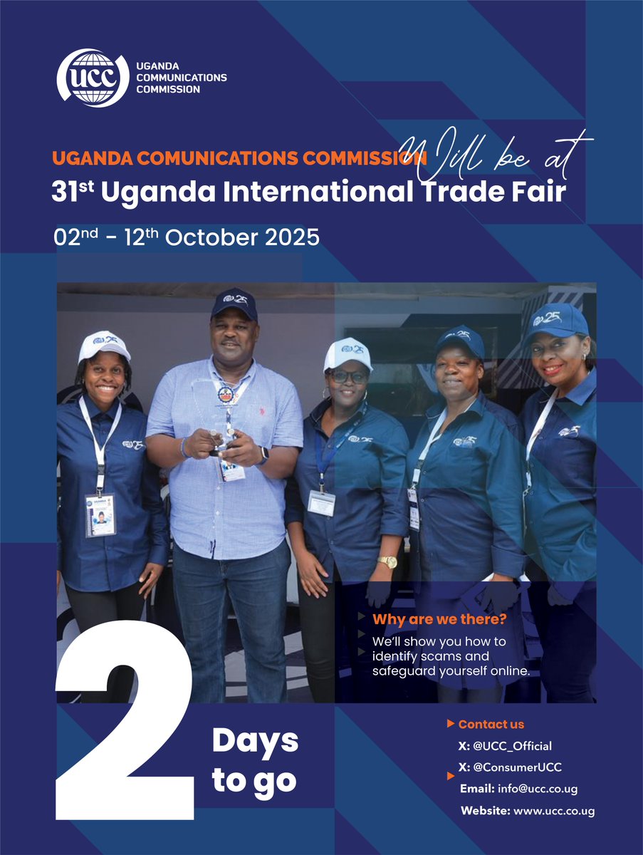 ConsumerUCC's tweet photo. The Uganda International Trade Fair is back! Join us at our UCC stall to learn, engage, and get empowered! We're excited to inform, educate, and empower you. See you there! #UGITF #Empowerment #AnInclusiveDigitalEconomy
@bbossa @UCC_Official @UgCERT @MoICT_Ug @newsUMA https://t.co/hn392uUkqd