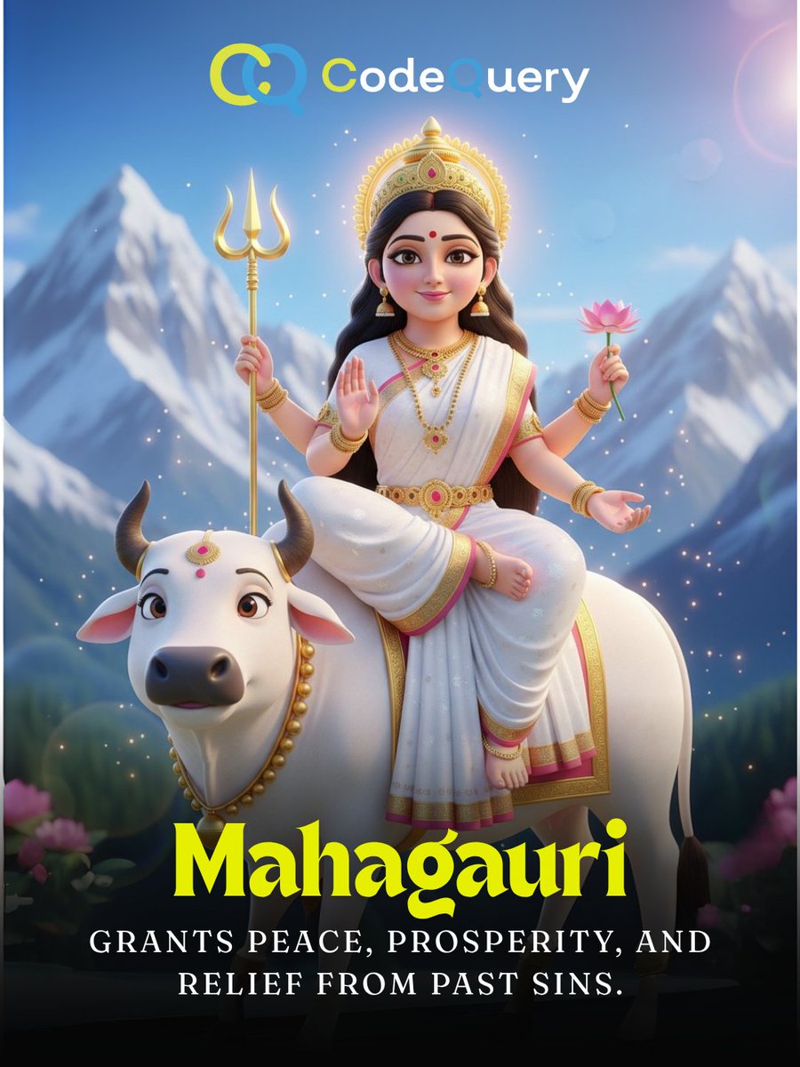 Codequery_'s tweet image. On Day 8 of #Navratri, we worship **Maa Mahagauri**—the goddess of purity &amp;amp; serenity. 🌸

She blesses devotees with peace, prosperity &amp;amp; freedom from past sins.
May her divine light guide us towards clarity &amp;amp; compassion. ✨🙏
.
.
.
.
#Mahagauri #Navratri2025 #DivineBlessings