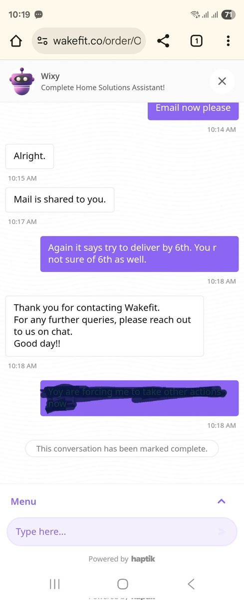 Ordered a product from wakefit on 19th sep. Etd 30th sep. Not evn shippd.cust care pathetic.no commitment fr dlvry evn nw. Cust rep shuts off the chat. Talkng as cust is askng a favour fr delivery on time <a href="/SupportWakefit/">Wakefit Support</a> <a href="/WakefitCo/">Wakefit</a> <a href="/JaagoGrahak/">Jaago Grahak</a>
