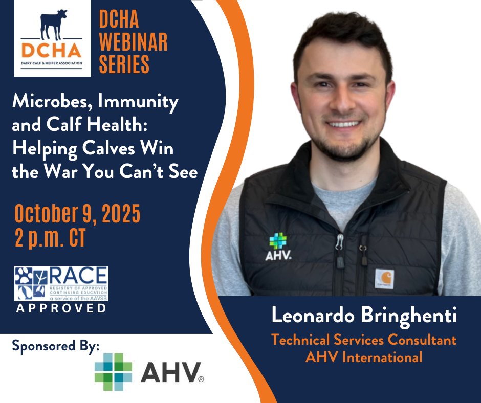 💥Microbes, Immunity &amp; Calf Health: Helping Calves Win the War You Can’t See

✔ Presented by Dr. Leonardo Bringhenti, Technical Services Consultant, AHV International

👉October 9, 2025 at 2 p.m. Central time (U.S./Canada)

Get registered! bit.ly/DCHAAHV100925