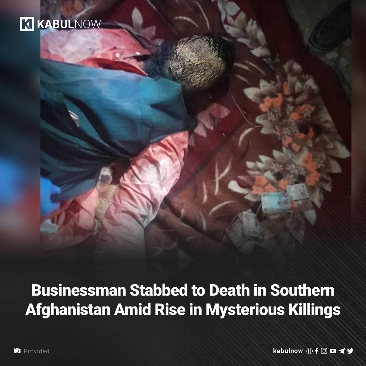 Local sources in southern Helmand province reported that a businessman was stabbed to death by unknown assailants, the latest in a series of reported killings across Afghanistan in recent days.

Read more: kabulnow.com/?p=47685