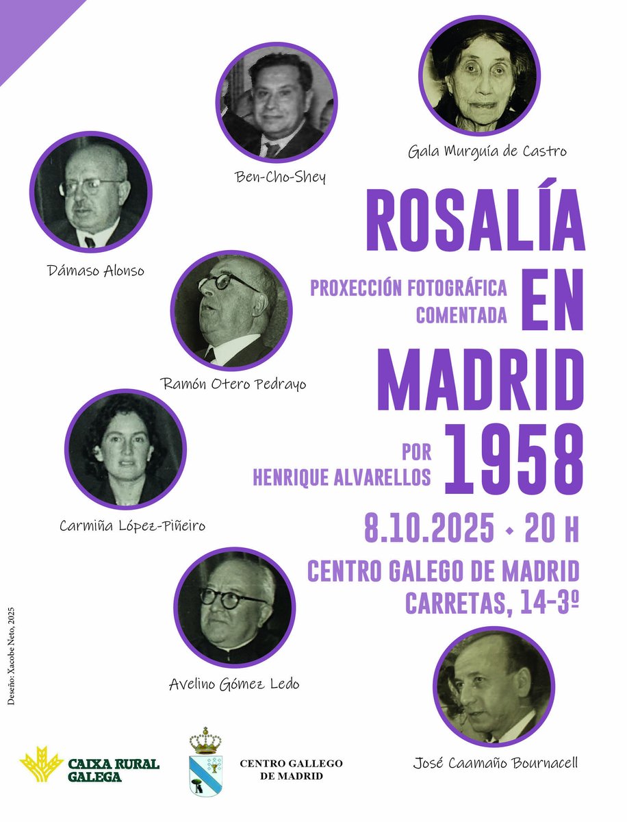 Máis de 20 fotografías históricas nunca proxectadas en conxunto. Uns actos insólitos organizados en 1958 polo <a href="/CentroGallegoM/">Centro Gallego de Madrid</a> conmemorando o centenario do casamento de #RosalíadeCastro e #ManuelMurguía. Amigxs de Madrid, será un pracer vervos.