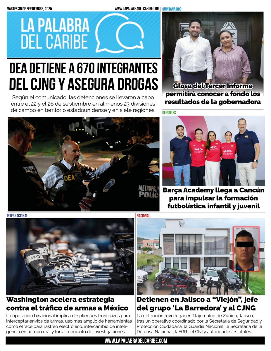 DEA detiene a 670 presuntos integrantes del CJNG y asegura grandes cantidades de drogas, armas y dinero - bit.ly/4o2im1X
--------
Washington acelera estrategia contra el tráfico de armas; México debe responder con igual contundencia al narco - bit.ly/3WjcfKs