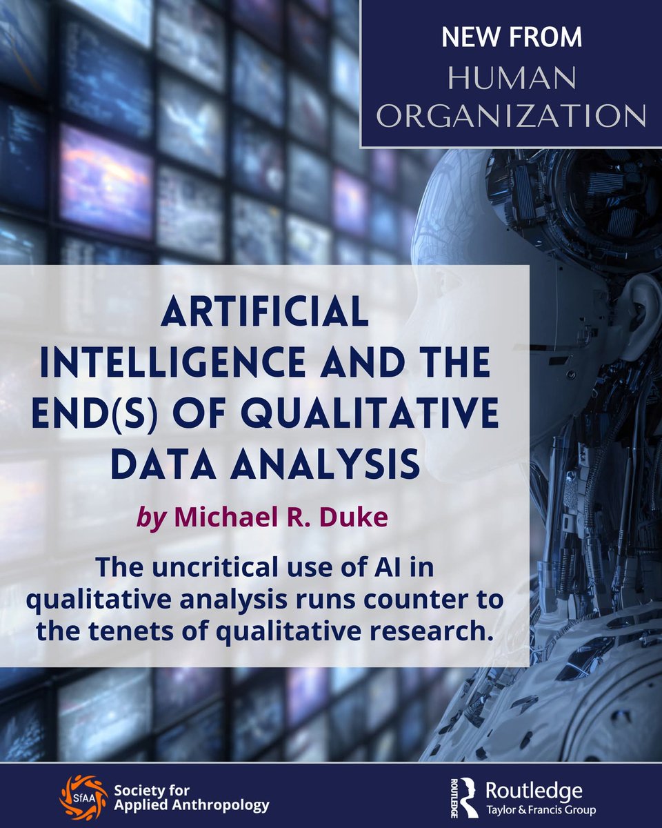 JuanluCaba_Unex's tweet image. New from Human Organization: Artificial Intelligence and the End(s) of Qualitative Data Analysis by Michael R. Duke
doi.org/10.1080/001872…

#SfAA #SocialScience #Anthropology #AppliedAnthropology #HumanOrganization #QualitativeAnalysis