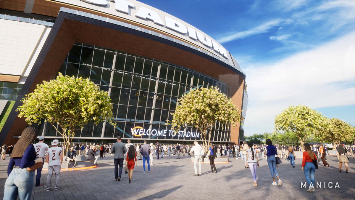 SBJ's tweet photo. New renderings show a stadium design, by Manica Architecture, that looks similar to the downtown Chicago venue concept the Bears unveiled in April 2024 but with the more spacious suburban surroundings of the Arlington Park site.  https://t.co/3od25kLDmj https://t.co/IBXBftiKKv