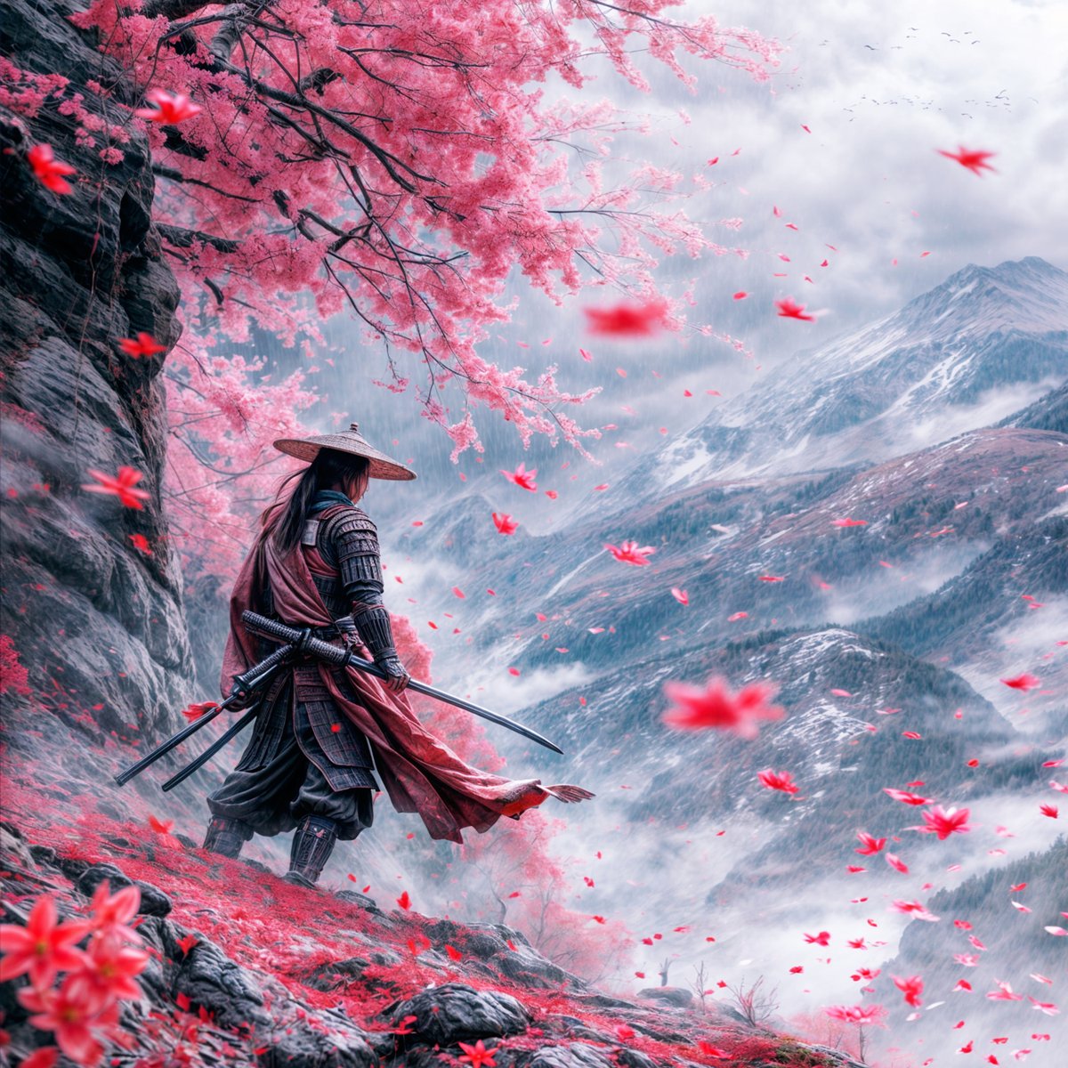 Artfeveruk's tweet photo. This week’s “Image of the Week” takes us high into the mountains, where silence and beauty meet resilience. Under a canopy of cherry blossoms, a warrior gazes into the mist, embodying balance, patience, and strength. https://t.co/uFv5PJd9lW