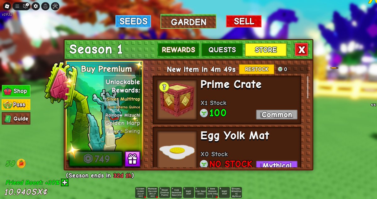 RealSuperXee's tweet photo. @GrowaGardenRblx So i literally spent robux to buy premium pass and unlock everything on it opn day 1.
yet i lost all my coins (5400 coins) that i got by unlocking everything on pass and I also cant trade anymore? Devs help me out here coz i spent alot of rbx https://t.co/YLS2TGEceR