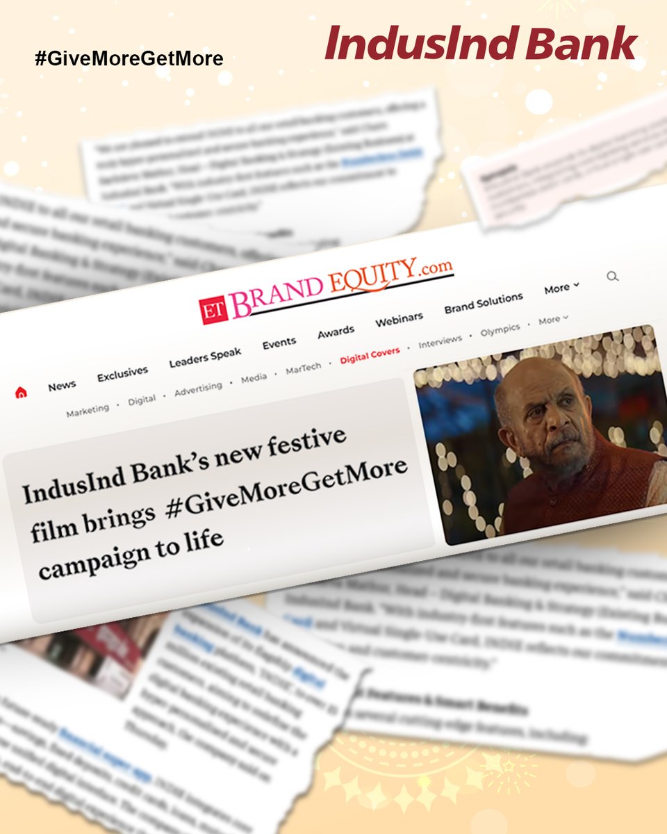indiebyindusind's tweet image. #FeatureAlert
IndusInd Bank&apos;s festive film - Account Bada Toh Dil Bada, gets featured on ET Brand Equity, bringing the #GiveMoreGetMore spirit to life. 
A celebration of generosity, joy, and festive cheer!
 
Read More: bit.ly/483WHBH