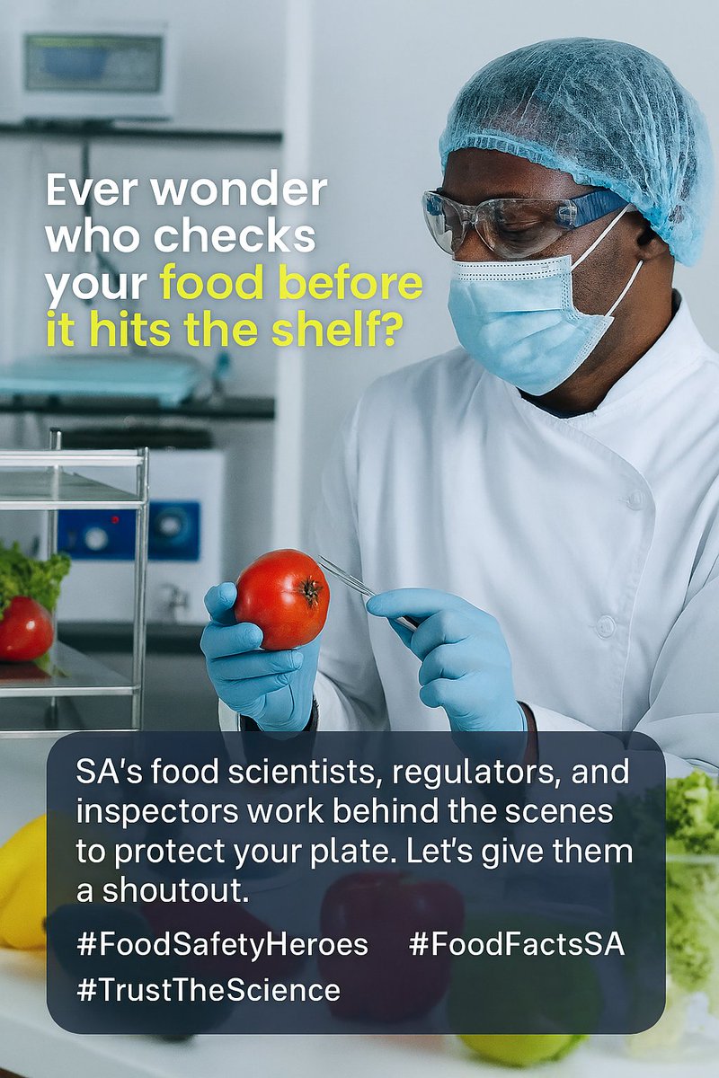 facs_sa's tweet photo. 🔍 Ever wonder who checks your food before it hits the shelf? 
SA’s food scientists, regulators, and inspectors work behind the scenes to protect your plate. Let’s give them a shoutout. 
#FoodSafetyHeroes #FoodFactsSA #TrustTheScience https://t.co/xiRF871Q6D