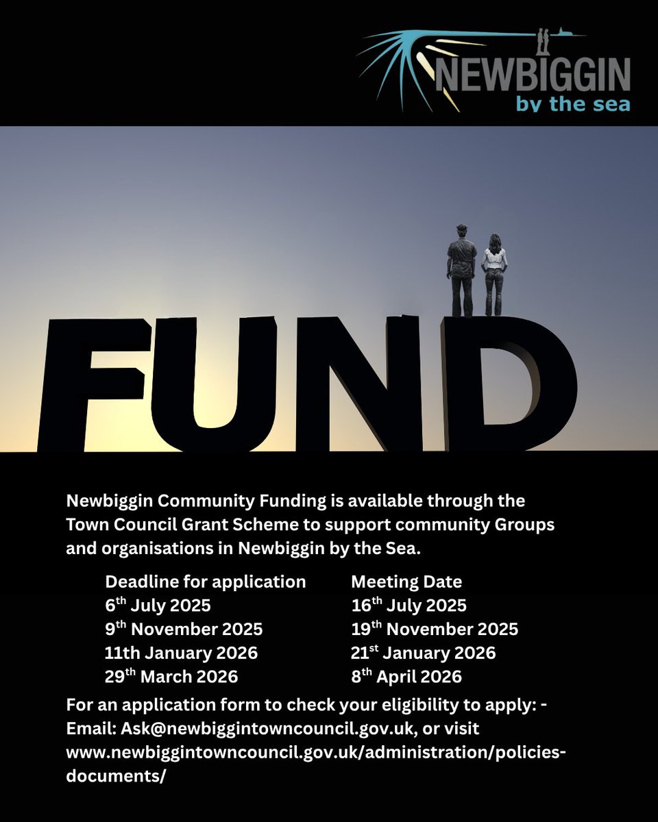 Newbiggin Town Council has an annual grant scheme to support community groups and organisations and have budgeted a total of £8000 for large grants and £5000 for small grants for this financial year. 

More info at:  newbiggintowncouncil.gov.uk/news

#newbigginbythesea