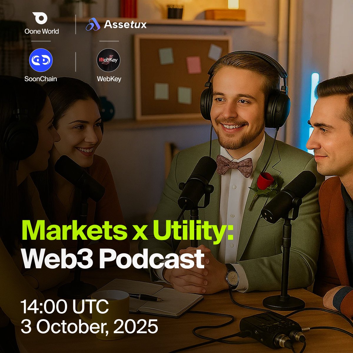 Oone_World's tweet image. Big news! 🔥
#Web3 Podcast: Markets x Utility in 2025
We’re bringing together crypto builders from @Oone_World , @soonchain_ai , @assetux , and @WebKey01 to discuss the latest Web3 market trends with you guys ! 💪
🗓 October 3 | 14:00 UTC
🎙 Join the podcast…
