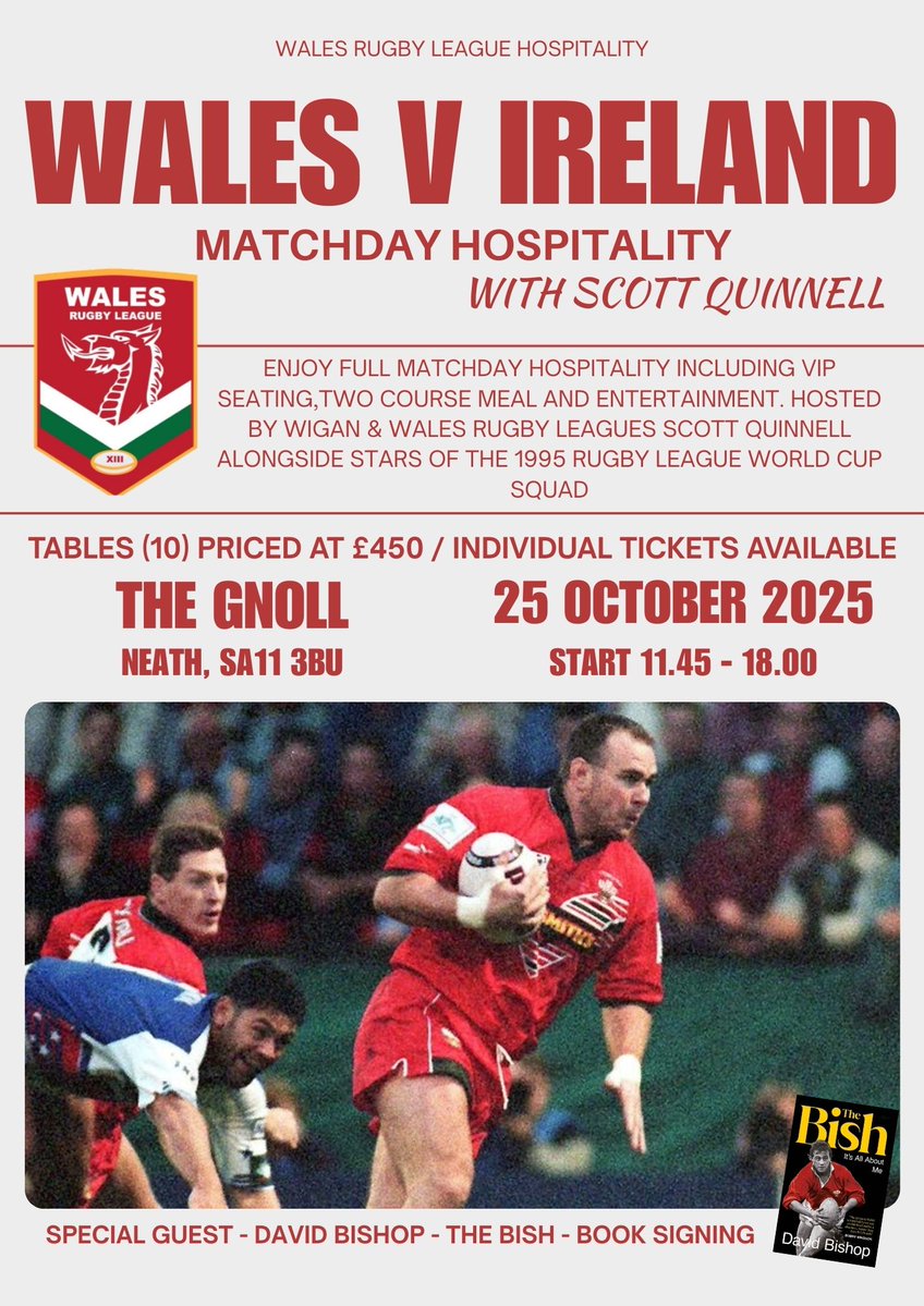 Wales Rugby League (@walesrugbyl) on Twitter photo Make a day of it ๐ด๓ ง๓ ข๓ ท๓ ฌ๓ ณ๓ ฟ
Watch the Cymru men's match v <a href="/Irelandrl/">Rugby League Ireland</a> next month in style.
Get your tickets today to watch some top international rugby league action and enjoy hospitality with former Wales stars <a href="/ScottQuinnell/">Scott Quinnell</a> and Dai Bishop.
Buy at: ticketpass.org/event/EYKOCE/cโฆ Make a day of it ๐ด๓ ง๓ ข๓ ท๓ ฌ๓ ณ๓ ฟ
Watch the Cymru men's match v <a href="/Irelandrl/">Rugby League Ireland</a> next month in style.
Get your tickets today to watch some top international rugby league action and enjoy hospitality with former Wales stars <a href="/ScottQuinnell/">Scott Quinnell</a> and Dai Bishop.
Buy at: ticketpass.org/event/EYKOCE/cโฆ