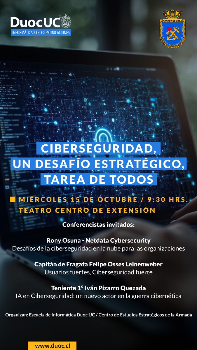 Cedestra_Chile's tweet photo. 🔐 ¡𝐋𝐚 𝐂𝐢𝐛𝐞𝐫𝐬𝐞𝐠𝐮𝐫𝐢𝐝𝐚𝐝 𝐞𝐬 𝐮𝐧 𝐃𝐞𝐬𝐚𝐟í𝐨 𝐄𝐬𝐭𝐫𝐚𝐭é𝐠𝐢𝐜𝐨 𝐲 𝐮𝐧𝐚 𝐓𝐚𝐫𝐞𝐚 𝐝𝐞 𝐓𝐨𝐝𝐨𝐬! 🔐
@Armada_Chile https://t.co/9zsamDtwY7