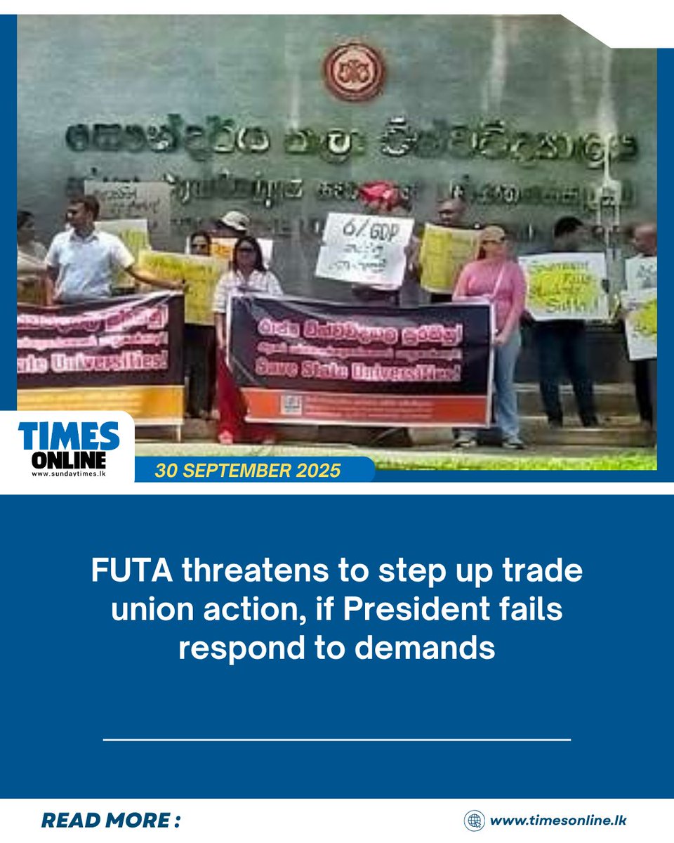 The Federation of University Teachers' Association (FUTA)  has threatened to step up their trade union action, if president Anura Kumar Dissanayake fails to offer a reasonable answer to their grievances and demands.

Read more of TimesOnline at : sundaytimes.lk/online/