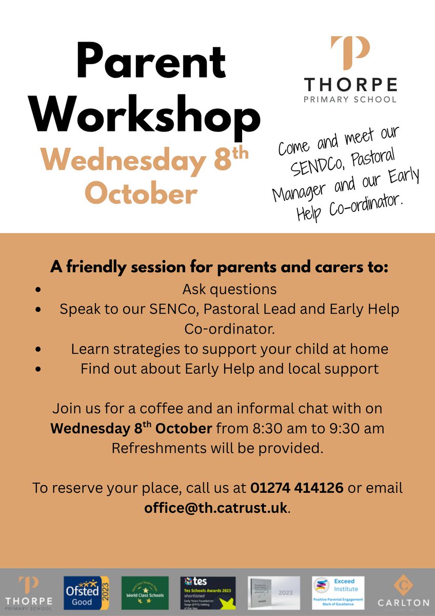 Parents &amp; carers - join us for our Parent Workshop on Wednesday 8th October, 8:30 - 9:30am.
☕ Coffee &amp; chat with our SENCo, Pastoral Lead &amp; Early Help Co-ordinator.
A chance to ask questions, get support &amp; connect.
Refreshments provided! ✨ <a href="/CATAcademyTrust/">Carlton Academy Trust</a> #CarltonEdge