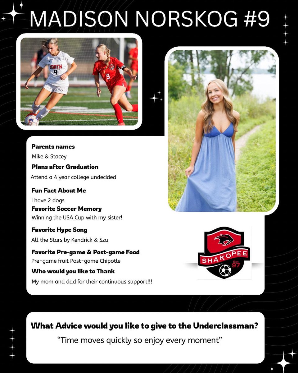 ✨Class of 2026 Senior Spotlight✨

•Senior Captain Madison Norskog•Midfielder• #9