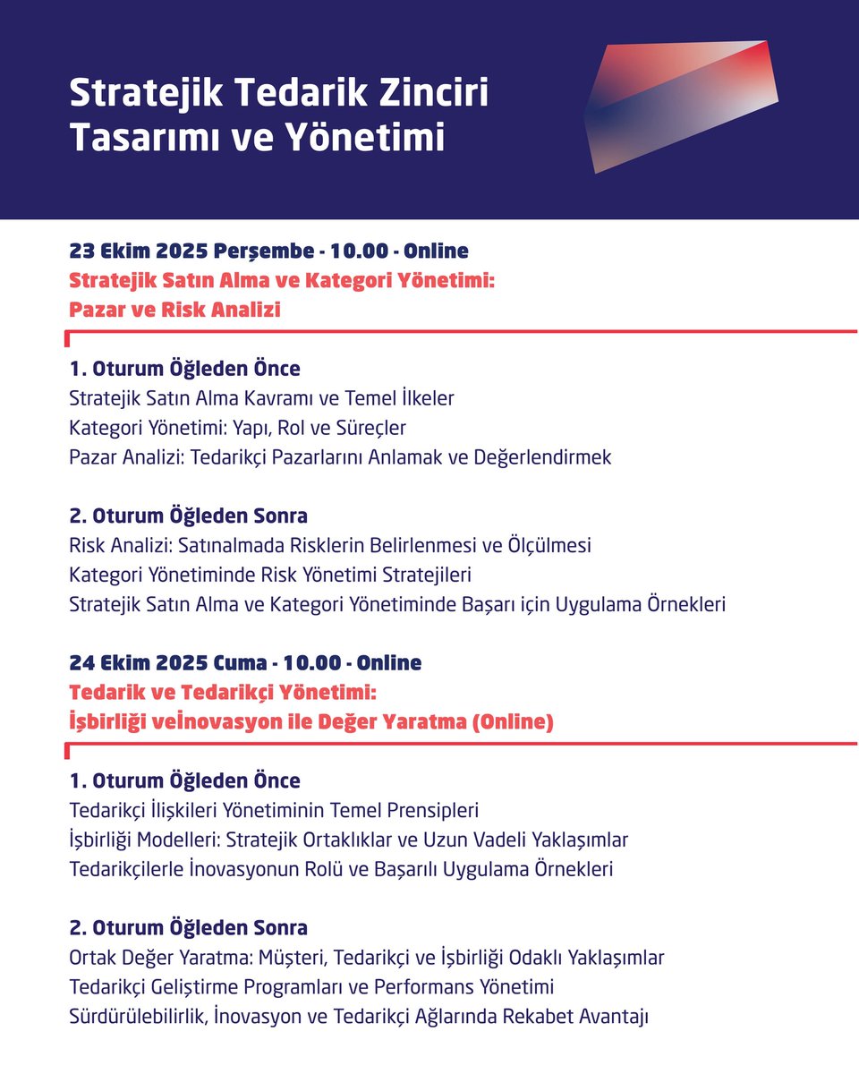 MEF Üniversitesi Yaşam Boyu Eğitim Merkezi (YABEM) | 20–21 / 23-24 Ekim 2025 Günümüz iş dünyasında tedarik zincirleri artık sadece operasyonel süreçler değil; kurumsal rekabet gücünü belirleyen stratejik değer alanlarıdır.
MEF Üniversitesi Yaşam Boyu Eğitim Merkezi (YABEM)
