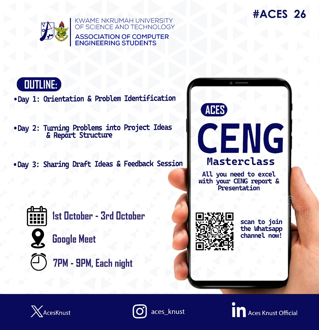 compengKNUST's tweet image. 📍CENG report stressing you out?

@AcesKnust  has you covered. We are breaking it down step by step, from finding a problem, to shaping it into a project, to presenting it like a pro.