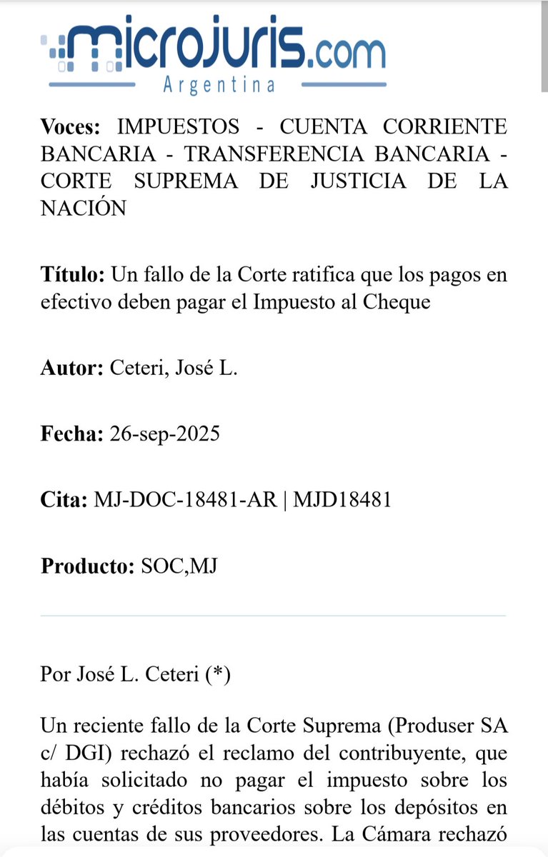 Fallo: el impuesto al cheque no sólo se aplica en las operaciones bancarias. Microjuris Argentina.
