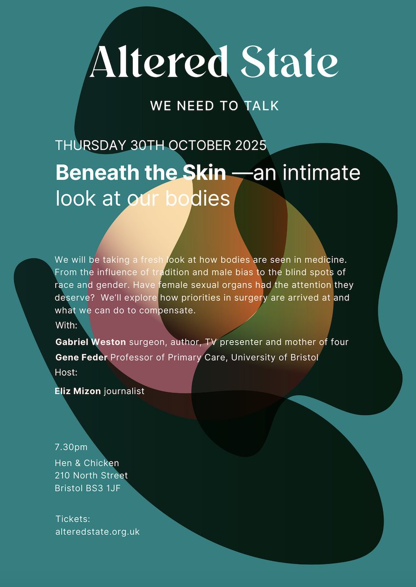 Altered___State's tweet image. Everyone does&apos;t get treated all the same in medicine &amp;amp; surgery

Gender &amp;amp; racial bias exists

We&apos;ll ask why &amp;amp; what to do about it

Early bird &amp;amp; student tickets alteredstate.org.uk/tickets

@ElizMizon #talks #bristoltalks #medecine #surgery #surgicalprocedure #bristol #bristolevents
