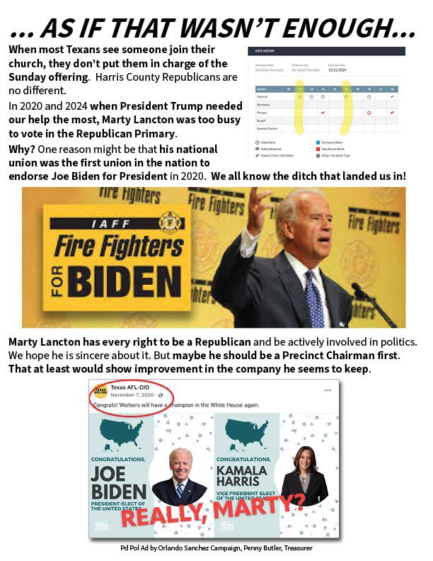 GOP Primary for Harris County Judge heating up as opponents circulate flyers attacking <a href="/MartyLancton/">Marty Lancton For Harris County Judge</a> for his Firefighters union presidency at a recent <a href="/HarrisCountyRP/">Harris County GOP</a> meeting . #Houston 
At least 5 Rs have announced but incumbent Lina Hidalgo is not seeking re-election.