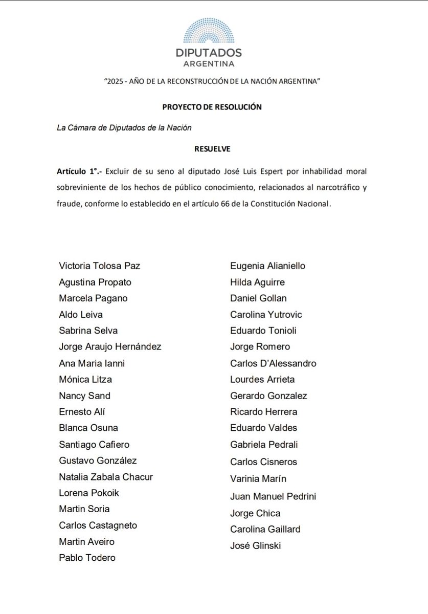 El pedido de expulsión de Espert de la Cámara por inhabilidad moral sobreviniente lleva la firma de 37 diputados. Entre ellos, los exlibertarios Marcela Pagano, Lourdes Arrieta, Gerardo González y Carlos D'Alessandro. Game over.