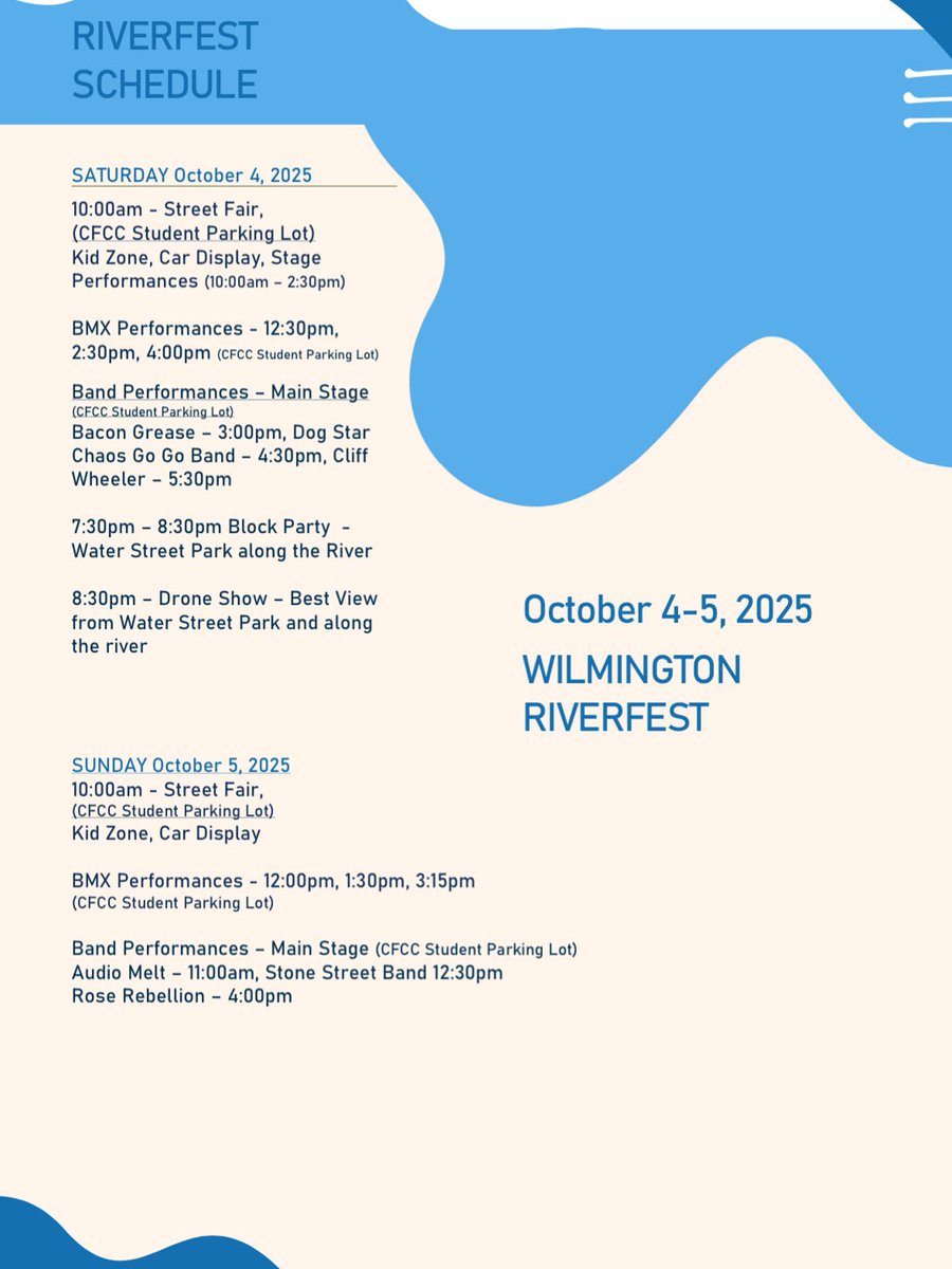 ILMRiverfest's tweet photo. Please see the schedule for WIlmington Riverfest Oct 4-5, 2025. We are getting excited #wilmingtonriverfest https://t.co/gdZrEak9Sm