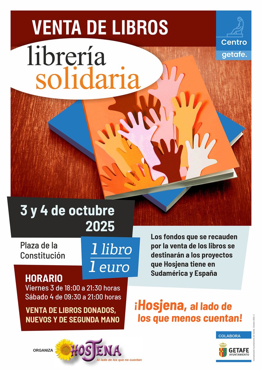 📚 Librería solidaria cuya recaudación se destinará a los proyectos que Hosjena tiene en Sudamérica y España.

🗓️ Viernes 3 de octubre de 18:00 a 21:30 h
🗓️ Sábado 4 de octubre de 9:30 a 21:00 h
📌 Plaza de la Constitución