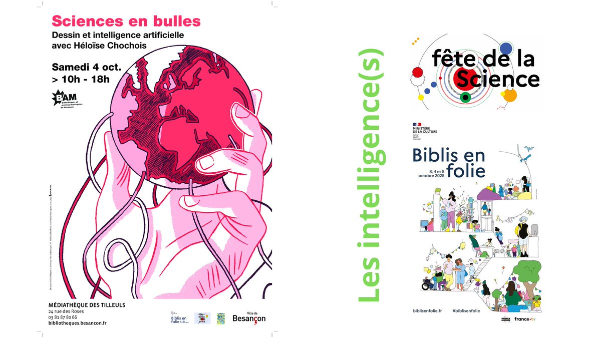 x.com/FeteScience/st… #fetedelascience #biblisenfolie : 2 occasions simultanées pour s'acculturer à l'IA! La médiathèque des Tilleuls (Besançon) et la
<a href="/DrneBFC/">DRANE Bourgogne-Franche-Comté</a> s'associent pour une conférence dessinée :📆04.10.2025 &gt;⏰14h30-16h. Gratuit sur réservation📷bibliotheques.besancon.fr