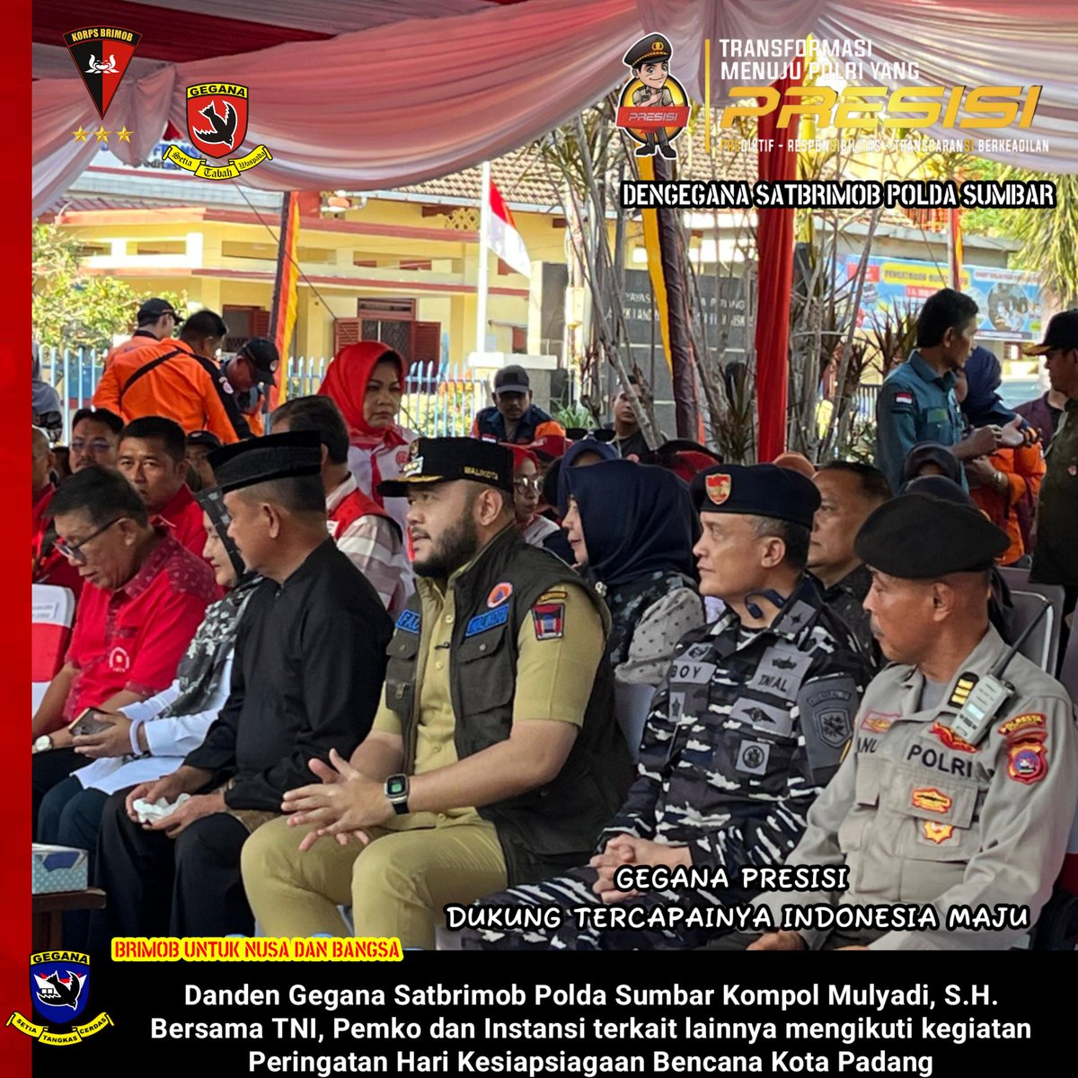 Geganasumbar's tweet photo. Danden Gegana Satbrimob Polda Sumbar Kompol. Mulyadi, S.H. Bersama TNI, Pemko dan Instansi terkait lainnya mengikuti kegiatan Peringatan Hari Kesiapsiagaan Bencana Kota Padang.

#gegana
#brimobuntuknusadanbangsa
#polri https://t.co/C2KtgnYbkL