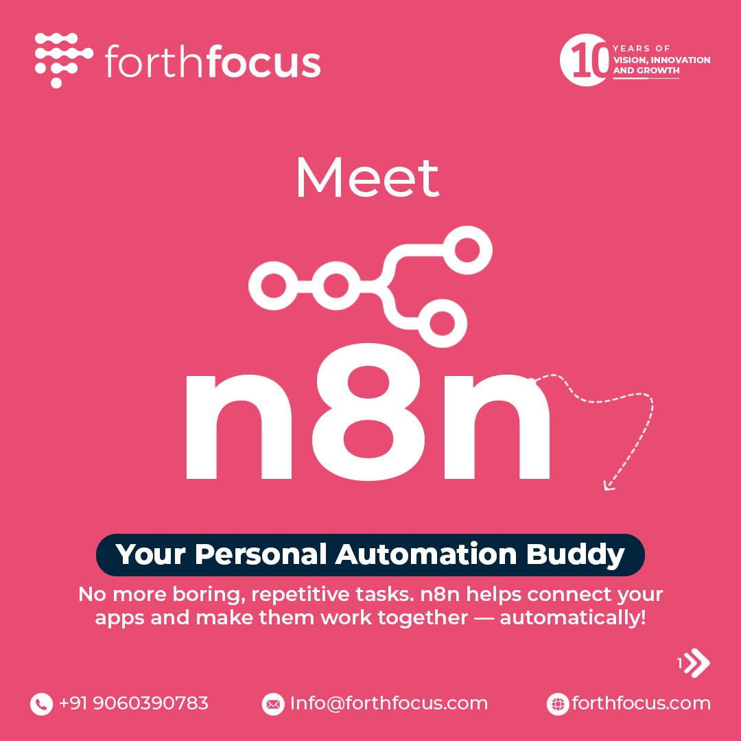 ⚡ Meet n8n – The Future of Automation ⚡

Repetitive tasks slow down productivity. With n8n, your business can automate workflows, streamline processes, and connect 350+ applications seamlessly — all without writing a single line of code.