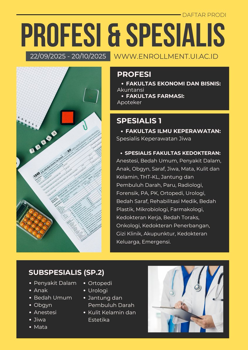 SIMAK_UI's tweet image. Pendaftaran SIMAK UI Pascasarjana (Profesi, Spesialis, S2, S3) telah dibuka! 🎓

Swipe lebih lanjut untuk melihat pilihan jurusan, jadwal penting, dan panduan pendaftaran. Yuk langsung daftar di enrollment.ui.ac.id🧑‍💻

Pendaftaran: 22 September-20 Oktober
Ujian CBT: 2 November