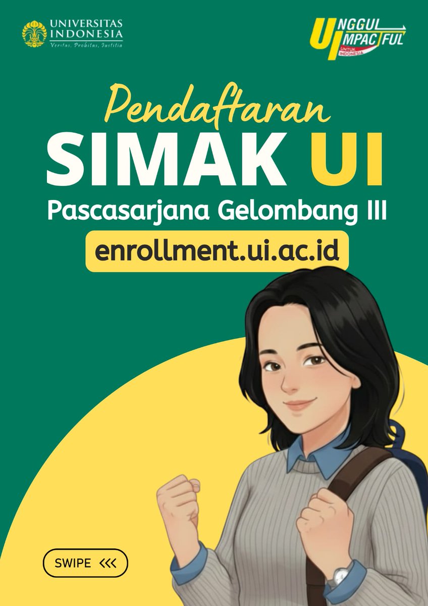 SIMAK_UI's tweet image. Pendaftaran SIMAK UI Pascasarjana (Profesi, Spesialis, S2, S3) telah dibuka! 🎓

Swipe lebih lanjut untuk melihat pilihan jurusan, jadwal penting, dan panduan pendaftaran. Yuk langsung daftar di enrollment.ui.ac.id🧑‍💻

Pendaftaran: 22 September-20 Oktober
Ujian CBT: 2 November